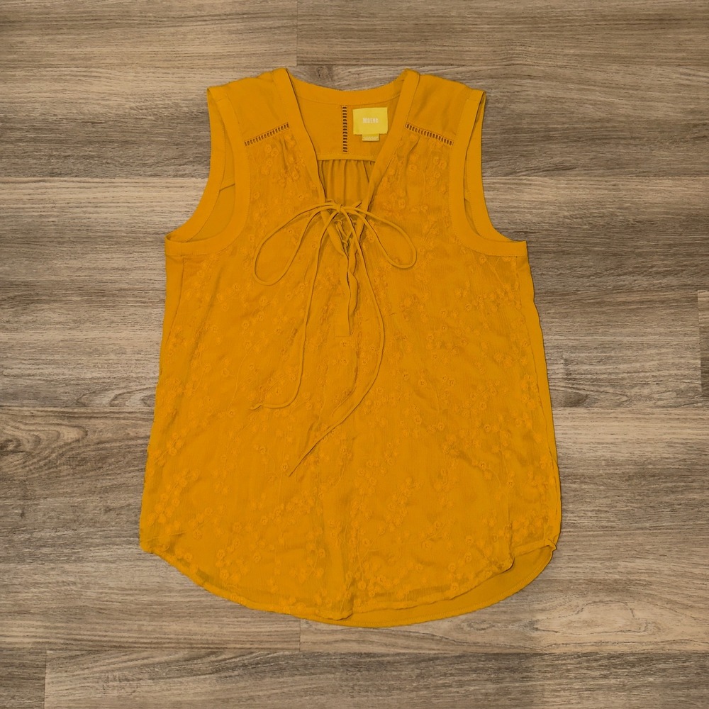 Maeve Anthropologie Mustard Yellow Lace Tie Neck Blouse Size 10 Boho‎